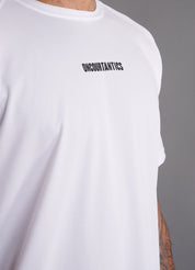 Close-up of ONCOURTANTICS White performance t-shirt fabric and small chest logo detail, highlighting lightweight, breathable material.